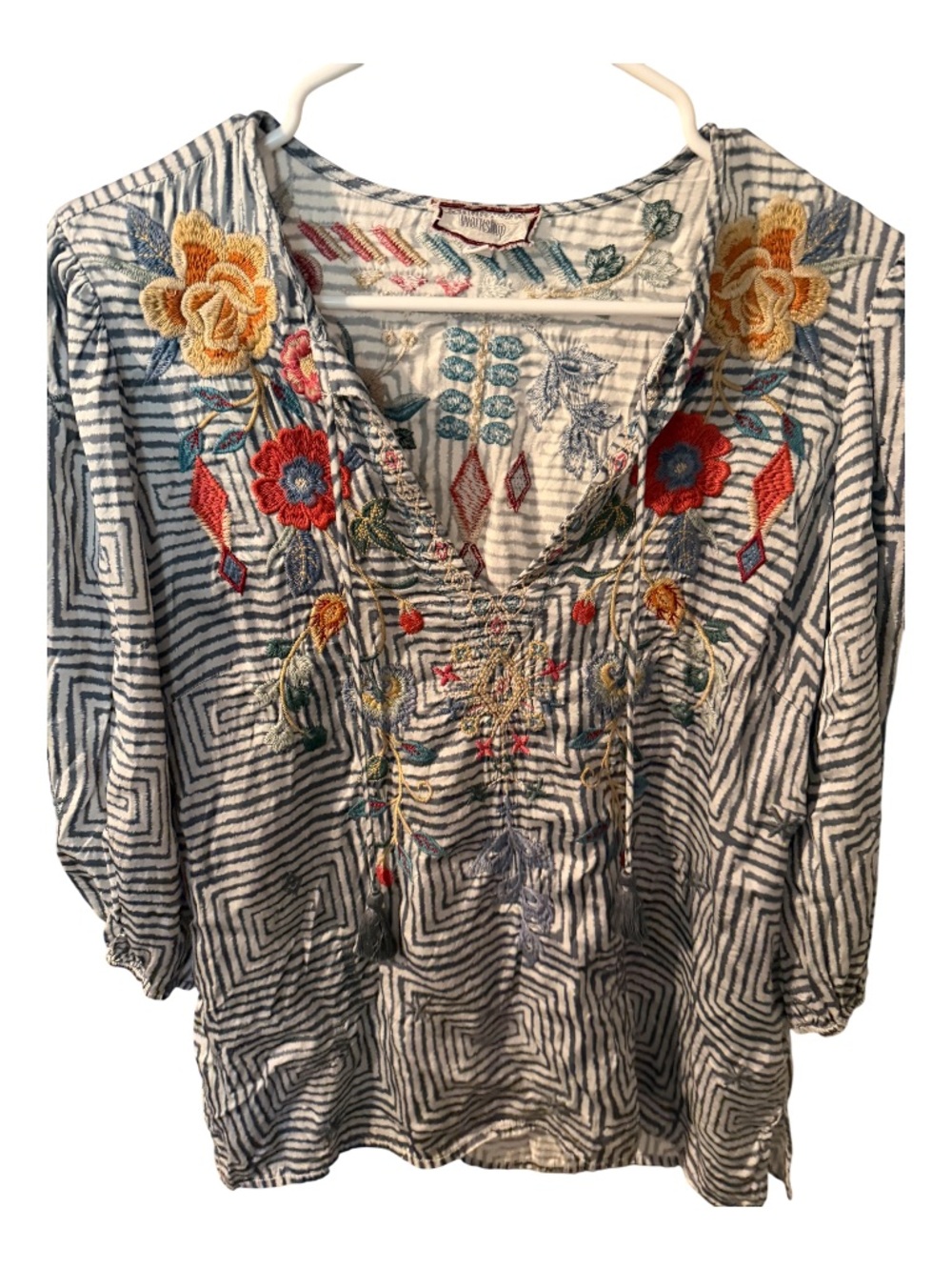 Johnny Was Blue Striped Embroidered V-Neck Tunic